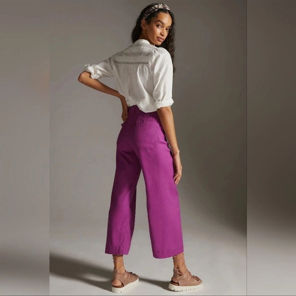 Maeve Anthropologie Purple The Colette Cropped Linen Wide Leg Pants Size 12P - Picture 2 of 13